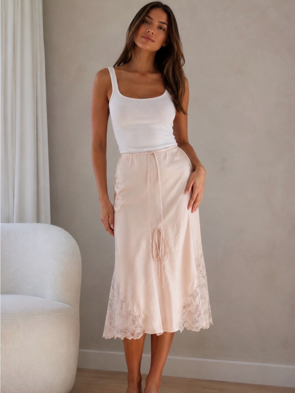 H&M Blush Lace-Trim Midi Slip Skirt